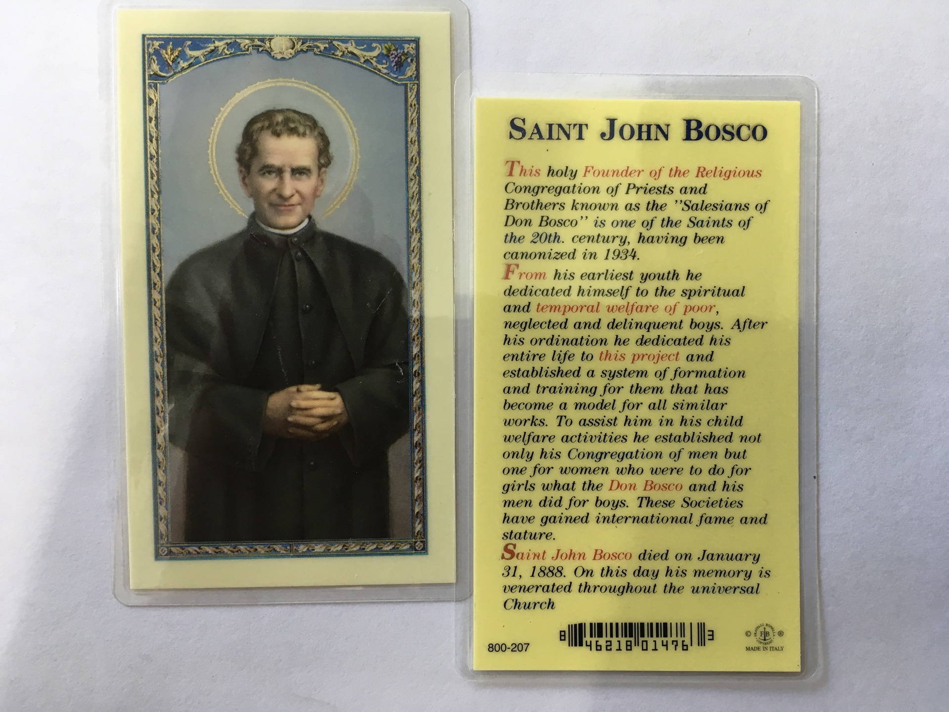 Prayer To St. John Bosco Holy Card - St. Anthony's Catholic Gift Shop